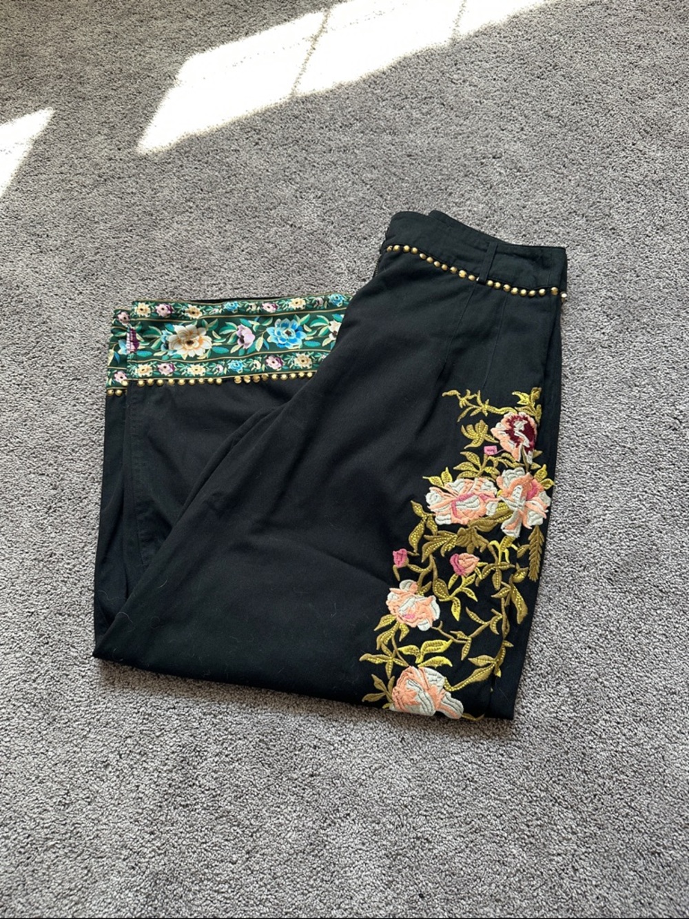 Black Embroidered Floral Pants with Stud Trim